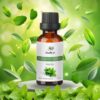 Mezcla de Aceite Esencial de Menta Jazlyn Perfumería en frasco de 10 ml , sobre pedestal blanco con hojas verdes cayendo y fondo claro, ideal para humidificador, bienestar respiratorio y concentración