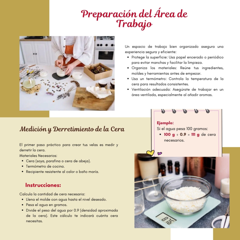Lista de ingredientes necesarios para crear velas artesanales, detallados en nuestro curso PDF