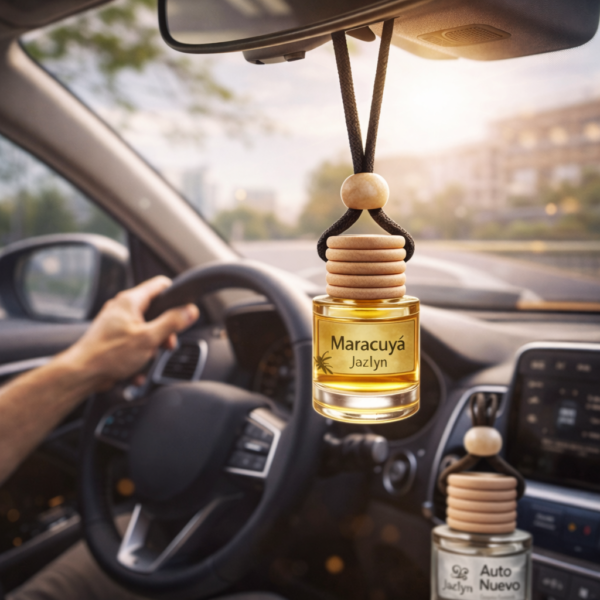 Difusor Jazlyn Maracuyá en el auto difusor colgante para auto en uso jazlyn aroma duradero interior de vehículo ecuador