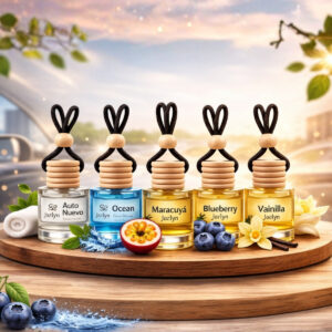 Kit de 5 difusores colgantes para auto Jazlyn con aromas Auto Nuevo, Ocean, Maracuyá, Blueberry y Vainilla sobre fondo limpio