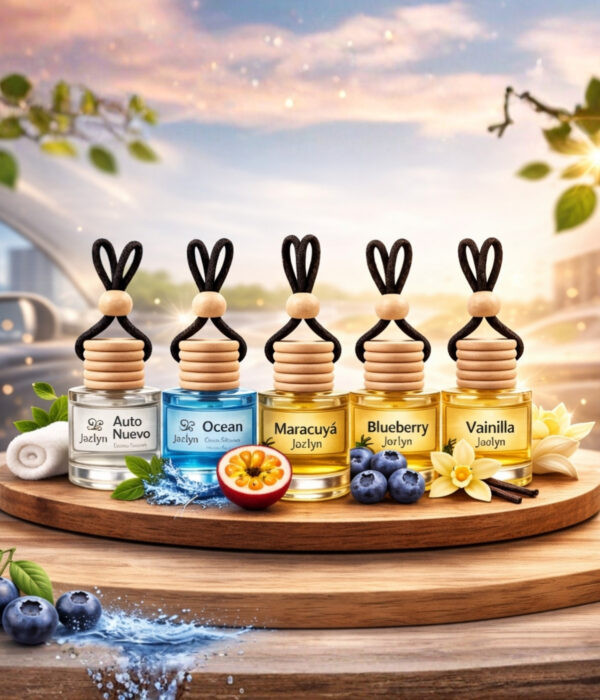 kit 5 aromas jazlyn perfumeria Kit de 5 difusores colgantes para auto Jazlyn con aromas Auto Nuevo, Ocean, Maracuyá, Blueberry y Vainilla sobre fondo limpio